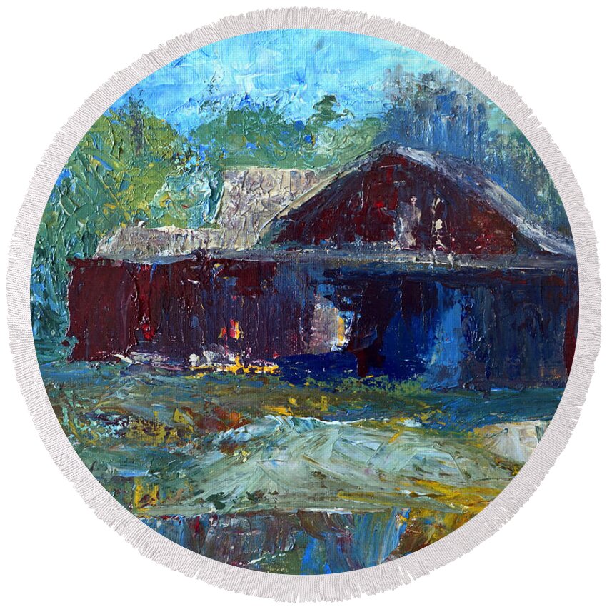 Barn Round Beach Towel featuring the painting Rustic Barn by Claire Bull