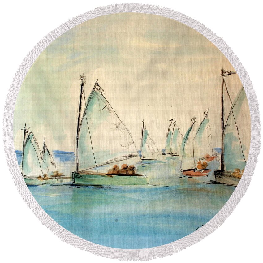 Paintings Round Beach Towel featuring the painting Sailors in a runabout by Julie Lueders 
