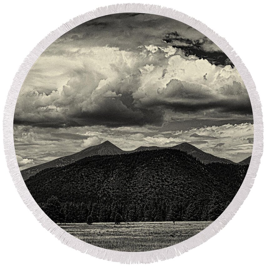 Flagstaff Round Beach Towel featuring the photograph San Francisco Peaks in Black and White by Joshua House