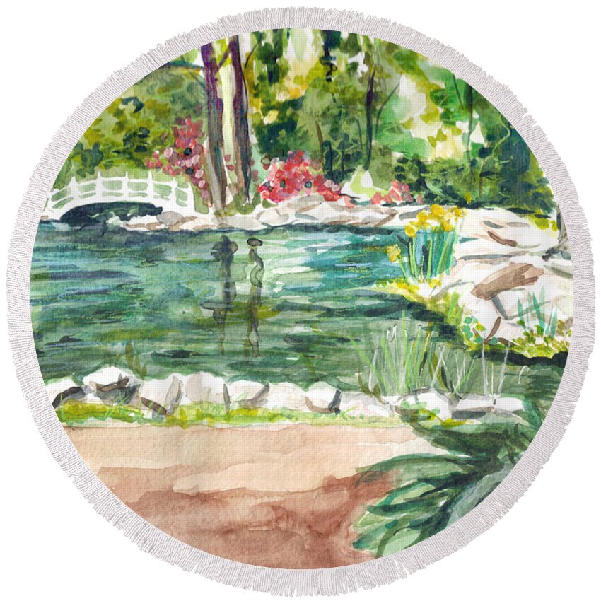 Pond Round Beach Towel featuring the painting Sayen Pond by Clara Sue Beym