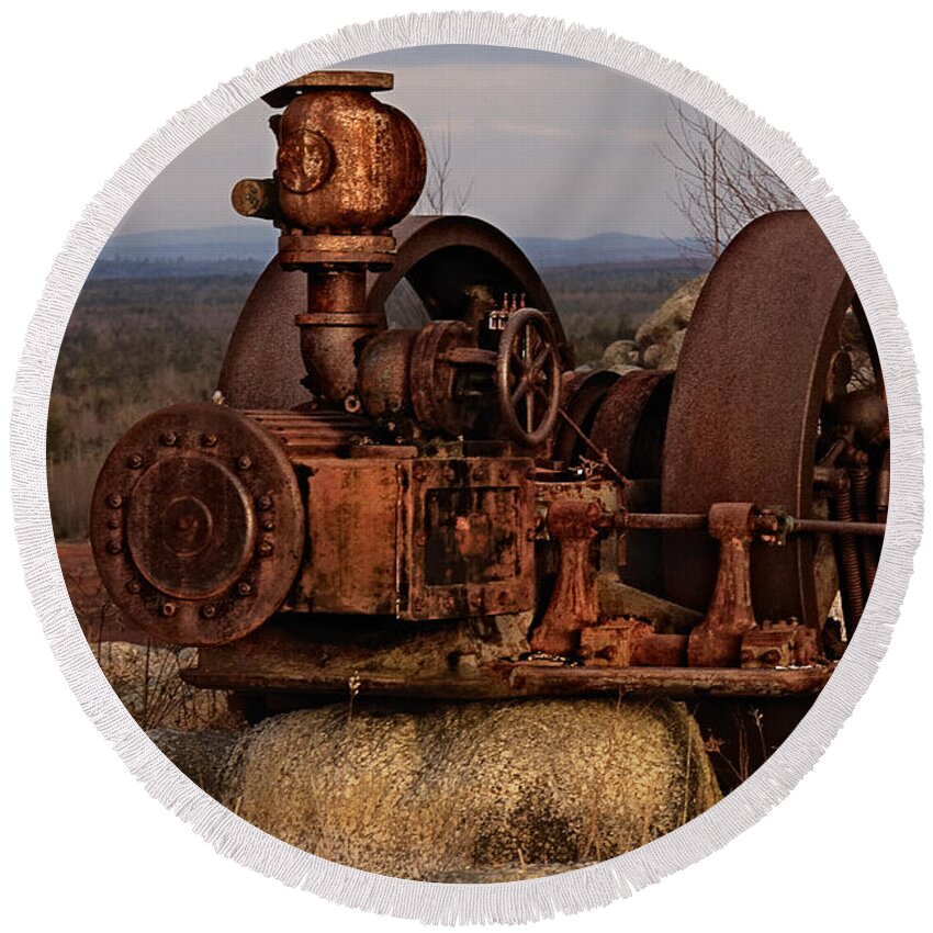 Vintage Machinery Round Beach Towel featuring the photograph Scrap Me Not by Sue Capuano
