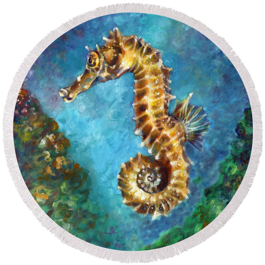  Round Beach Towel featuring the painting Seahorse II by Nancy Tilles