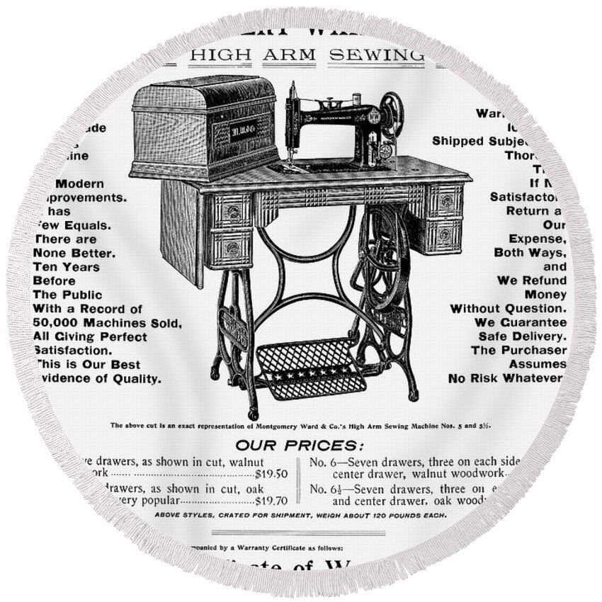 1895 Round Beach Towel featuring the photograph Sewing Machine Ad, 1895 by Granger