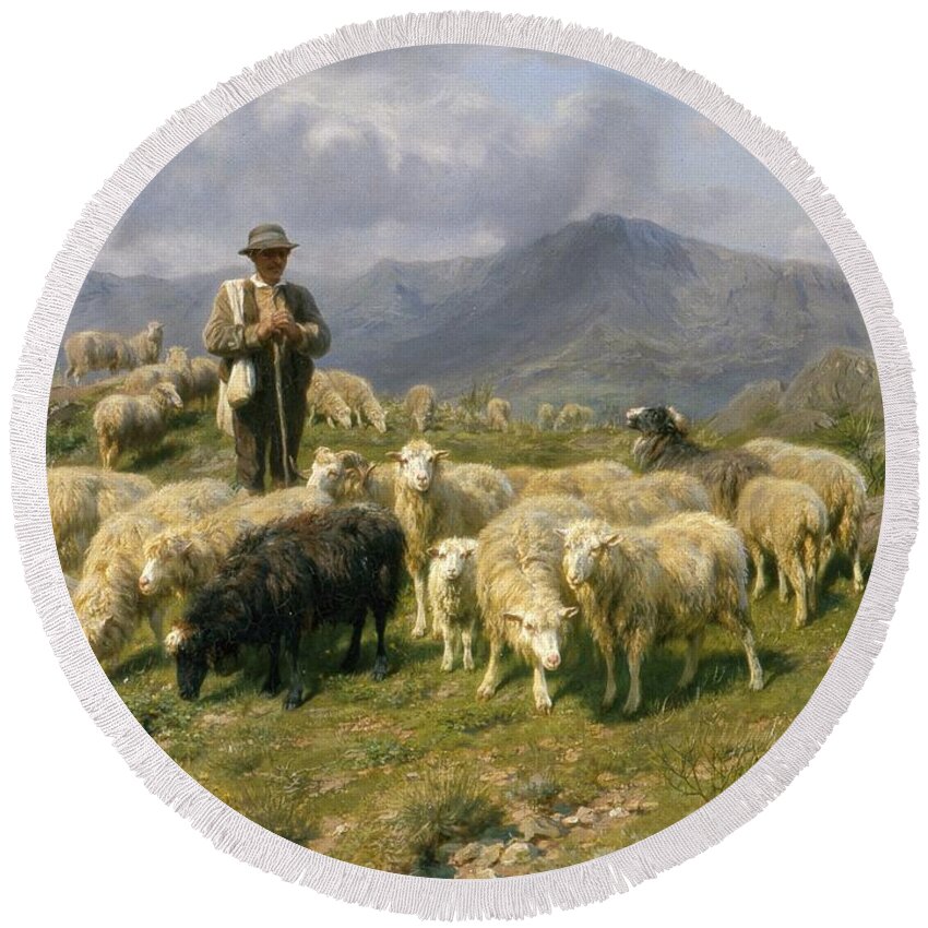 Shepherd Of The Pyrenees Round Beach Towel featuring the painting Shepherd of the Pyrenees by Rosa Bonheur