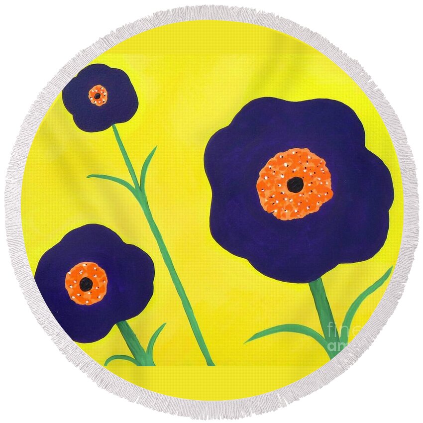 Flowrs Round Beach Towel featuring the painting Sky High Flowers by Alys Caviness-Gober