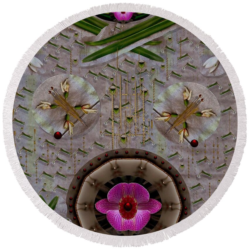 Landscape Round Beach Towel featuring the mixed media Snow Flowers And Orchids In Heavenly Wisdom by Pepita Selles