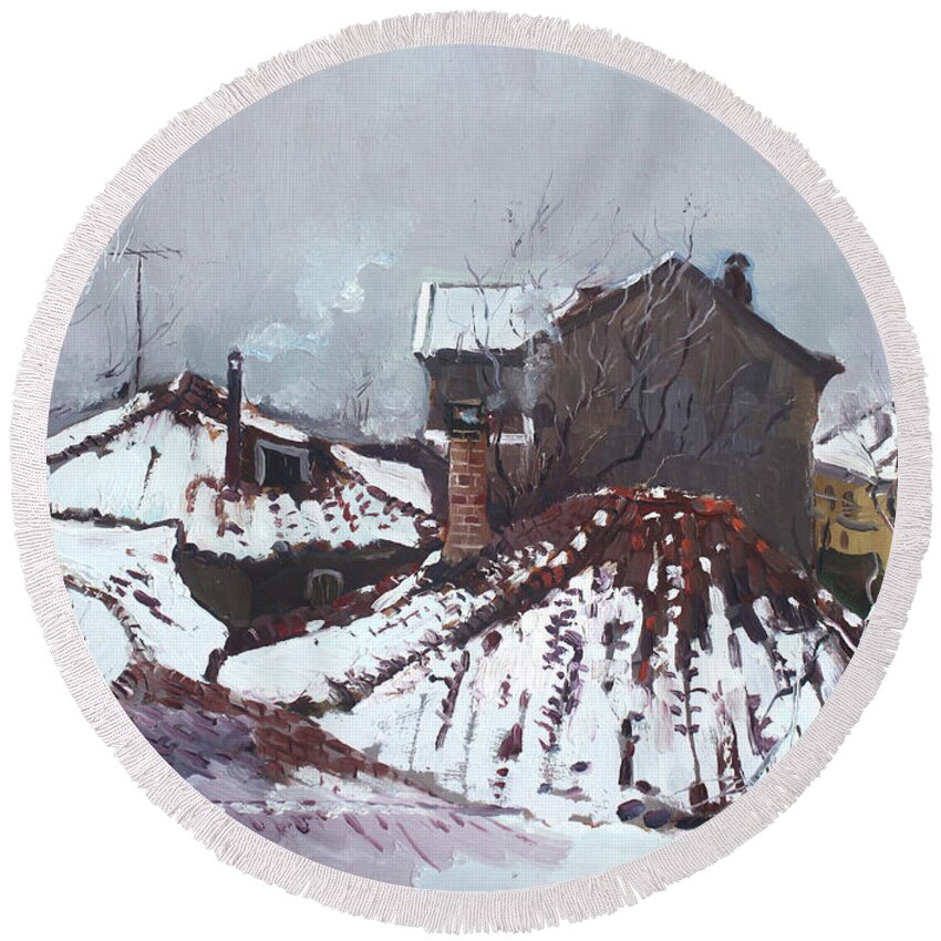 Snow Round Beach Towel featuring the painting Snow in Elbasan by Ylli Haruni