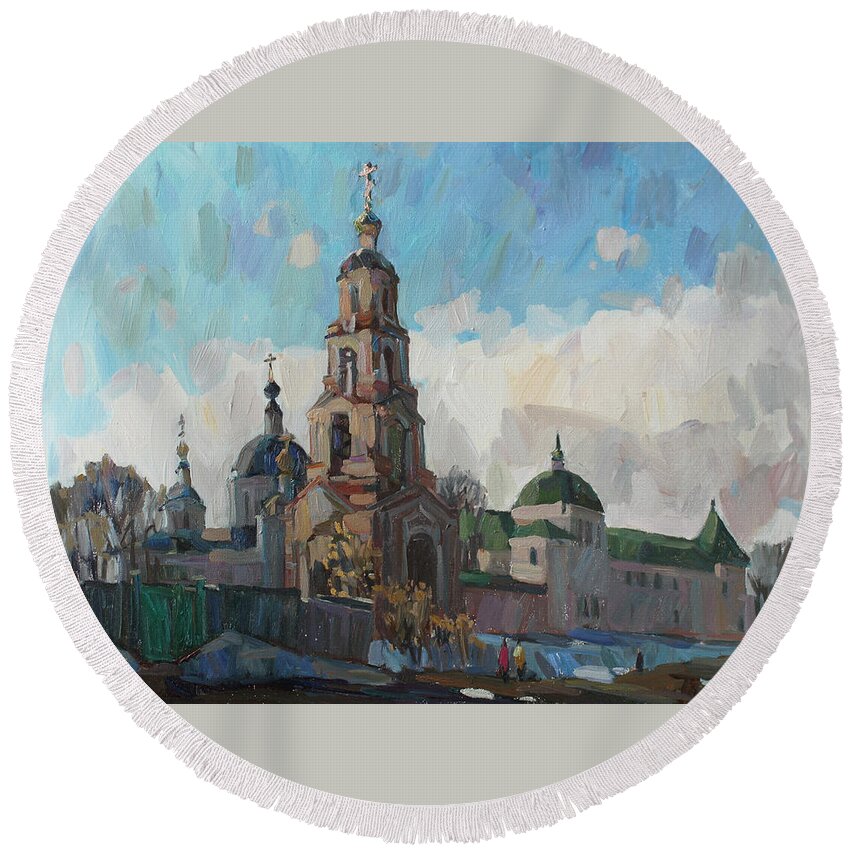 Monastery Round Beach Towel featuring the painting Spring at the walls of monastery by Juliya Zhukova