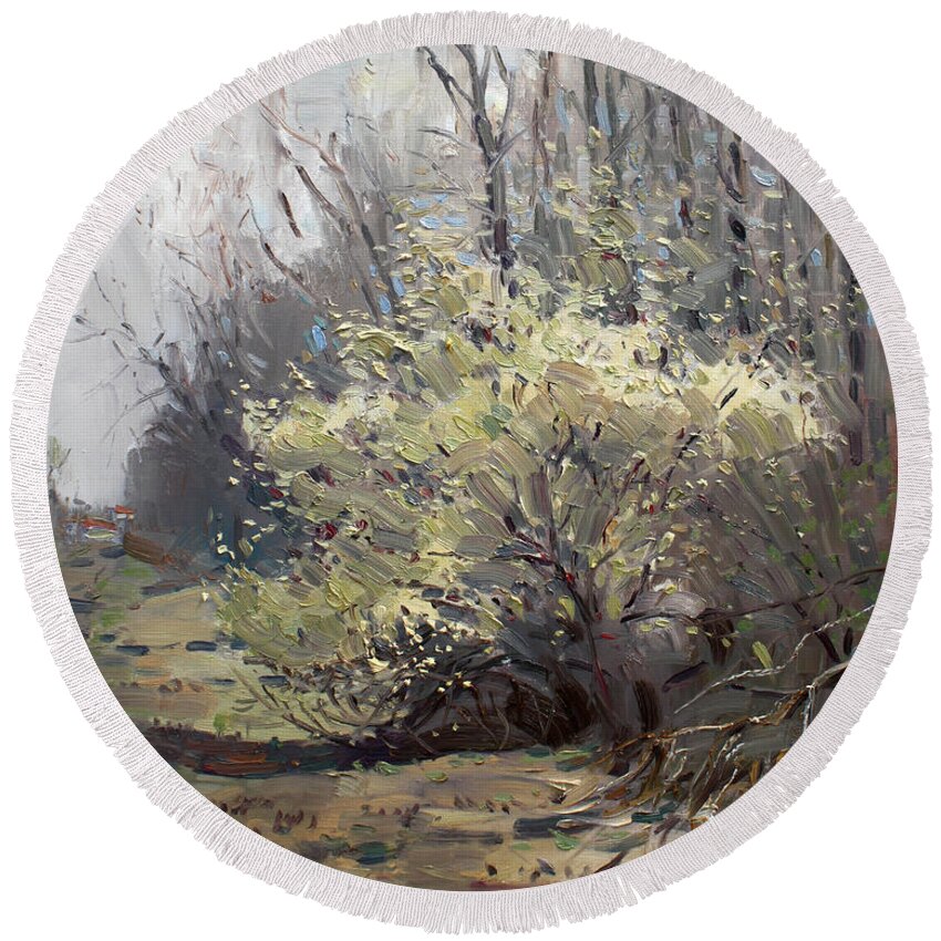 Spring Blossom Round Beach Towel featuring the painting Spring Blossom by Ylli Haruni