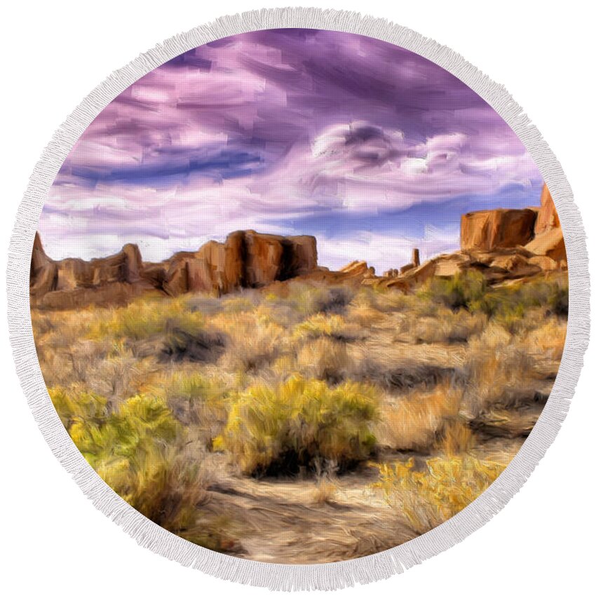 Spring Rain Round Beach Towel featuring the painting Spring Rain at Chaco Canyon by Dominic Piperata