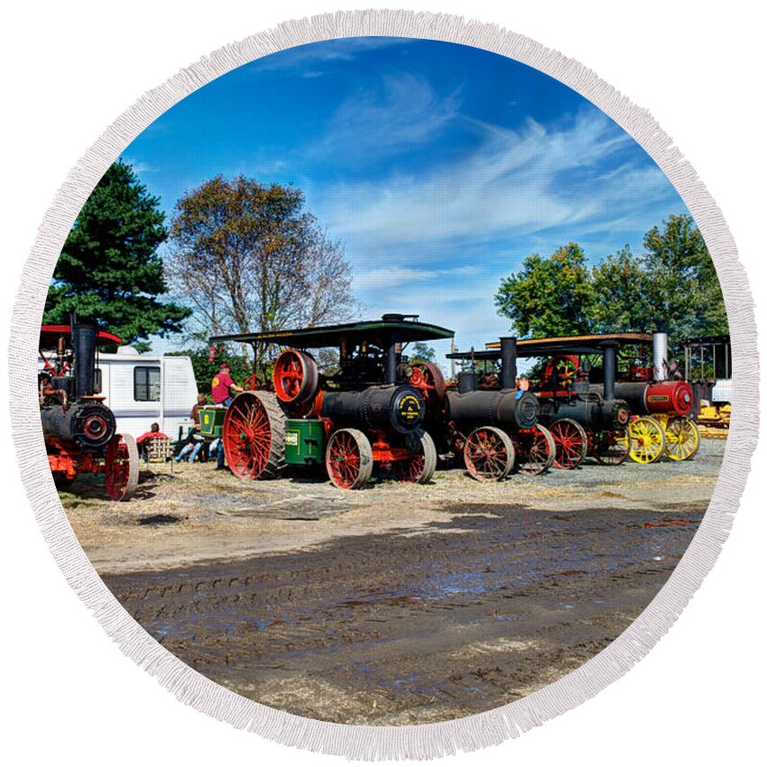 Arcadia Volunteer Fire Company Round Beach Towel featuring the photograph Steam Engines lined up by Mark Dodd