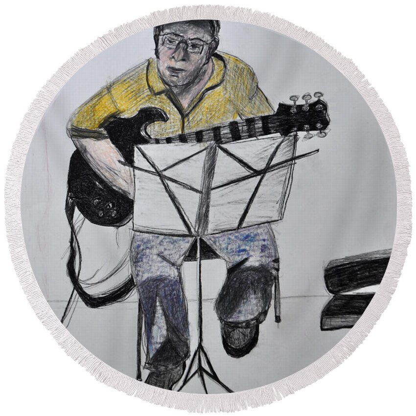 Guitar Round Beach Towel featuring the drawing Steve's Guitar by Mickey Krause