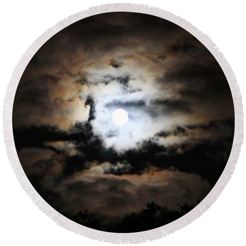 Full Moon Round Beach Towel featuring the photograph Stormy Moon by Diana Haronis