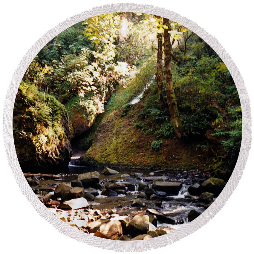 Forest Round Beach Towel featuring the photograph Stream Bed Oregon by Maureen E Ritter