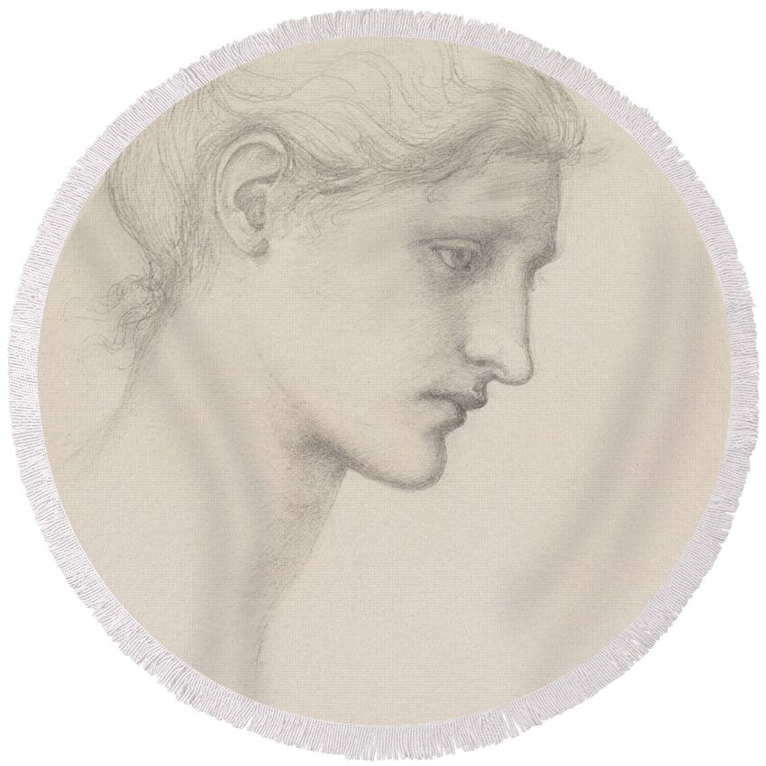 Female; Portrait; Drawing; Sketch; Profile; Pre-raphaelite Round Beach Towel featuring the drawing Study for Laus Veneria by Edward Burne Jones
