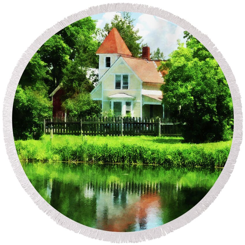 Lake Round Beach Towel featuring the photograph Suburban House with Reflection by Susan Savad
