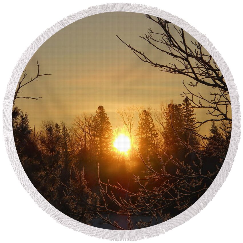 Sunrise Round Beach Towel featuring the photograph Sunrise in the Trees by Kent Lorentzen