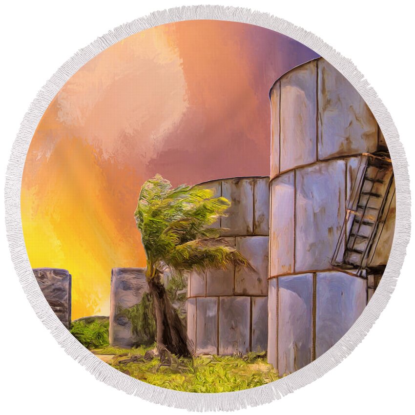 Tropics Round Beach Towel featuring the painting Sunset and Abandoned Oil Tanks by Dominic Piperata