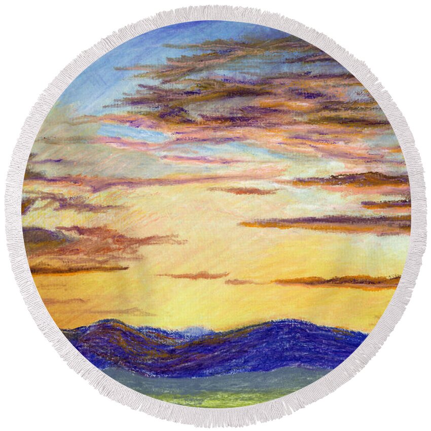 Spiritual Light Sunset Over Preseli Mountains Round Beach Towel featuring the pastel Spiritual Light Sunset Over Presili Mountains Oil Pastel Painting by Edward McNaught-Davis