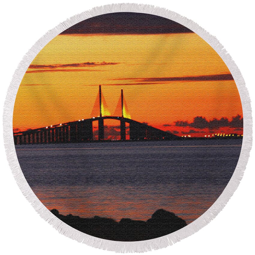 Skyway Bridge Round Beach Towel featuring the photograph Sunset over the Skyway textured by Barbara Bowen