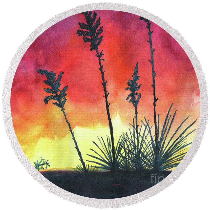 Agave Round Beach Towel featuring the painting Sunset Silhouette by Eric Samuelson