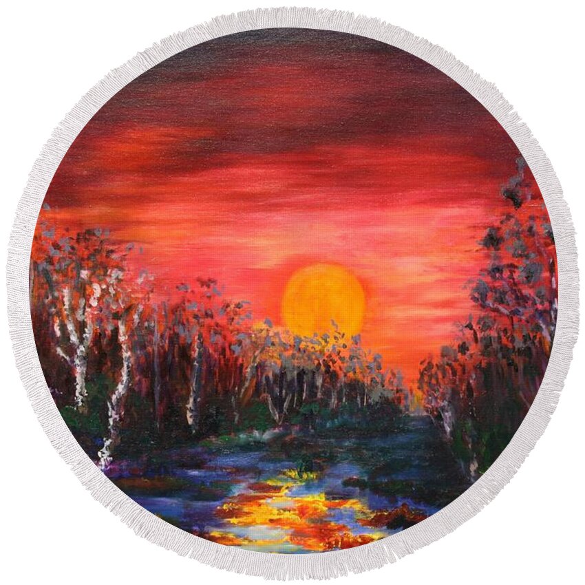 Sunset Round Beach Towel featuring the painting Sunset with Birch Trees by Karin Eisermann