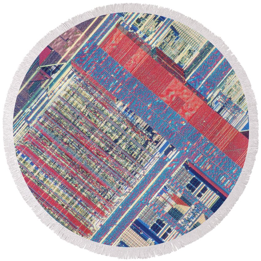 Microprocessor Round Beach Towel featuring the photograph Surface Of Integrated Chip by Michael W. Davidson
