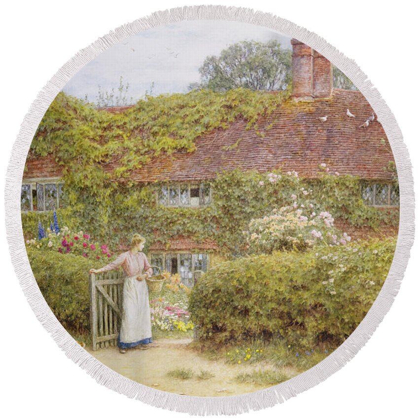 Surrey Cottage Round Beach Towel featuring the painting Surrey Cottage by Helen Allingham by Helen Allingham