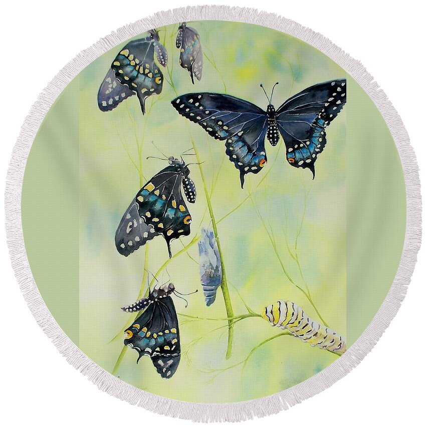 Butterfly Round Beach Towel featuring the painting Swallowtail Story by Celene Terry