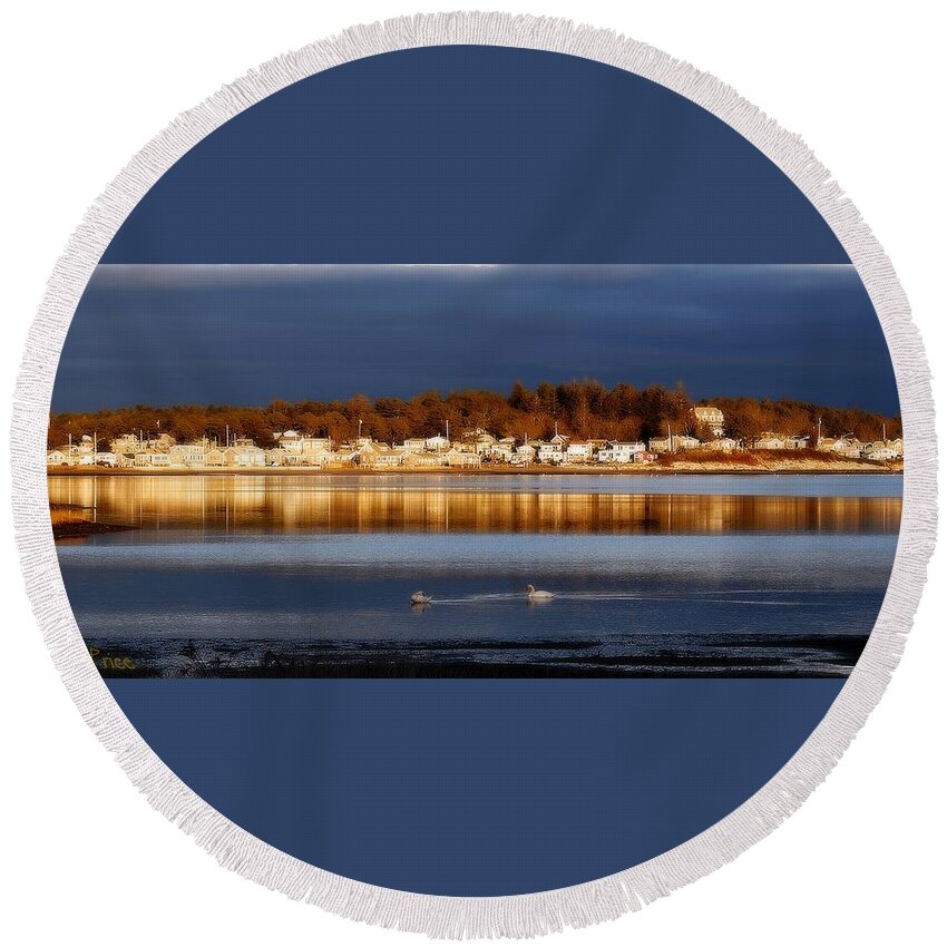 Marsh Round Beach Towel featuring the photograph Swans at Sunset by Marysue Ryan