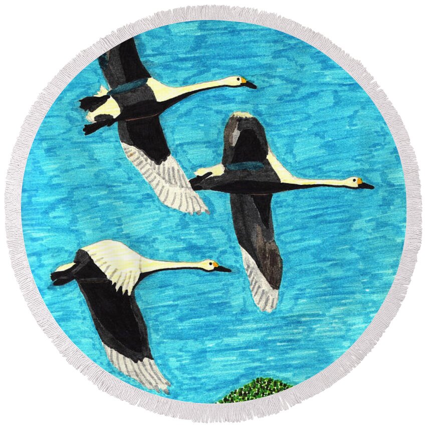 Colored Markers Round Beach Towel featuring the mixed media Swans in Flight by Wendy McKennon