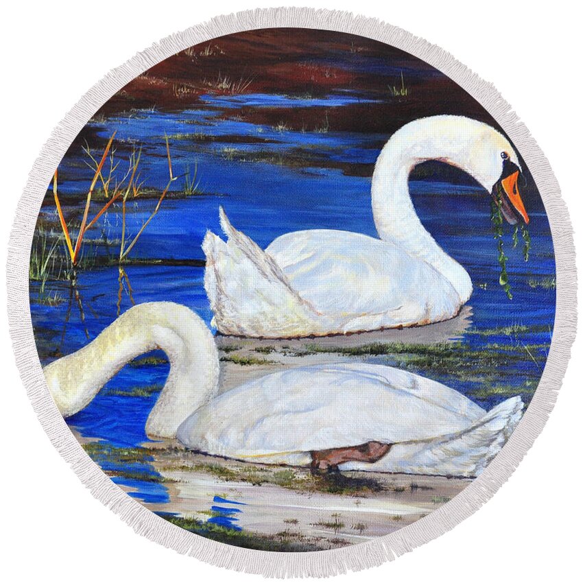 Swans Round Beach Towel featuring the painting Swan''s Salad by AnnaJo Vahle