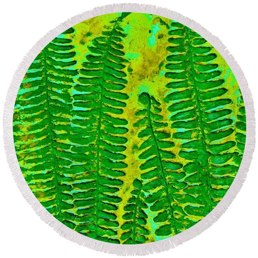 Print Round Beach Towel featuring the painting Sword Fern Fossil-green by Katherine Young-Beck
