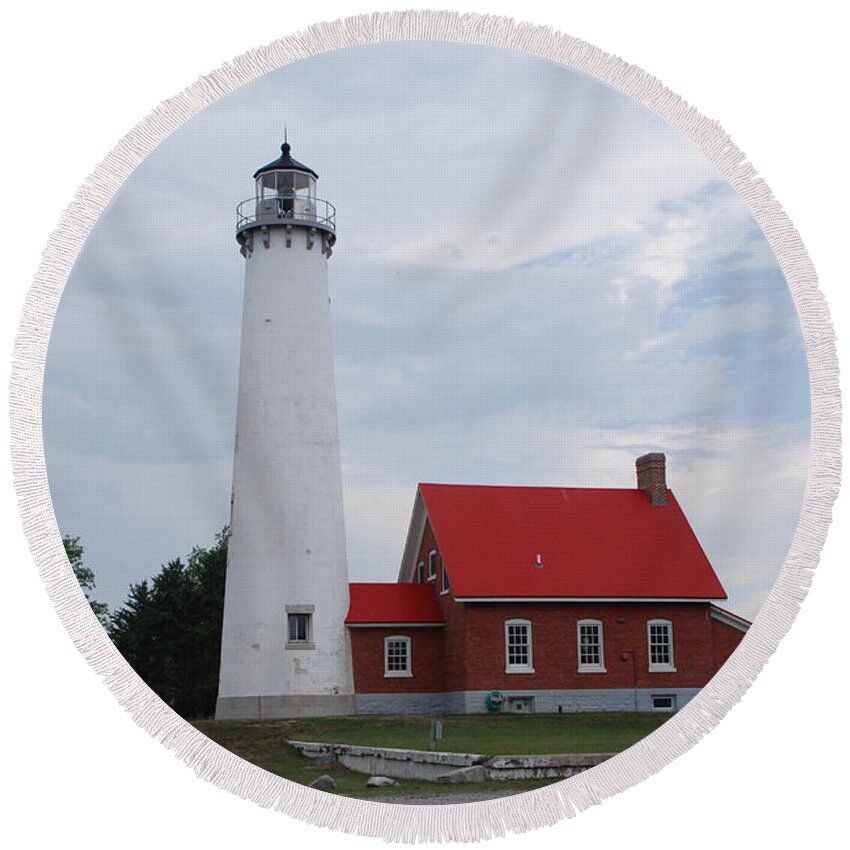 Lighthouse Round Beach Towel featuring the photograph Tawas Point Lighthouse by Grace Grogan