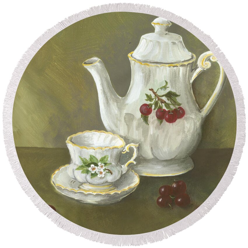 Tea Pot Round Beach Towel featuring the painting Tea with Cherries by Nancy Patterson