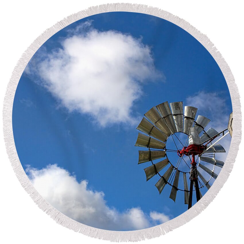 Clouds Round Beach Towel featuring the photograph Temecula Wine Country Windmill by Peter Tellone