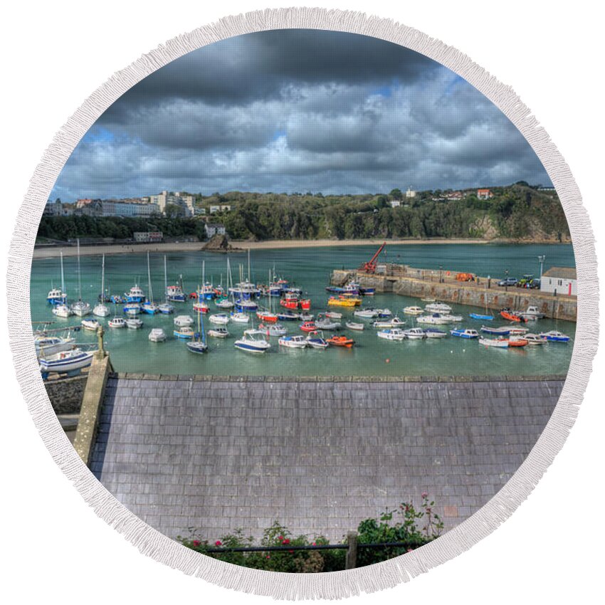 Tenby Harbour Round Beach Towel featuring the photograph Tenby Harbour Pembrokeshire 1 by Steve Purnell