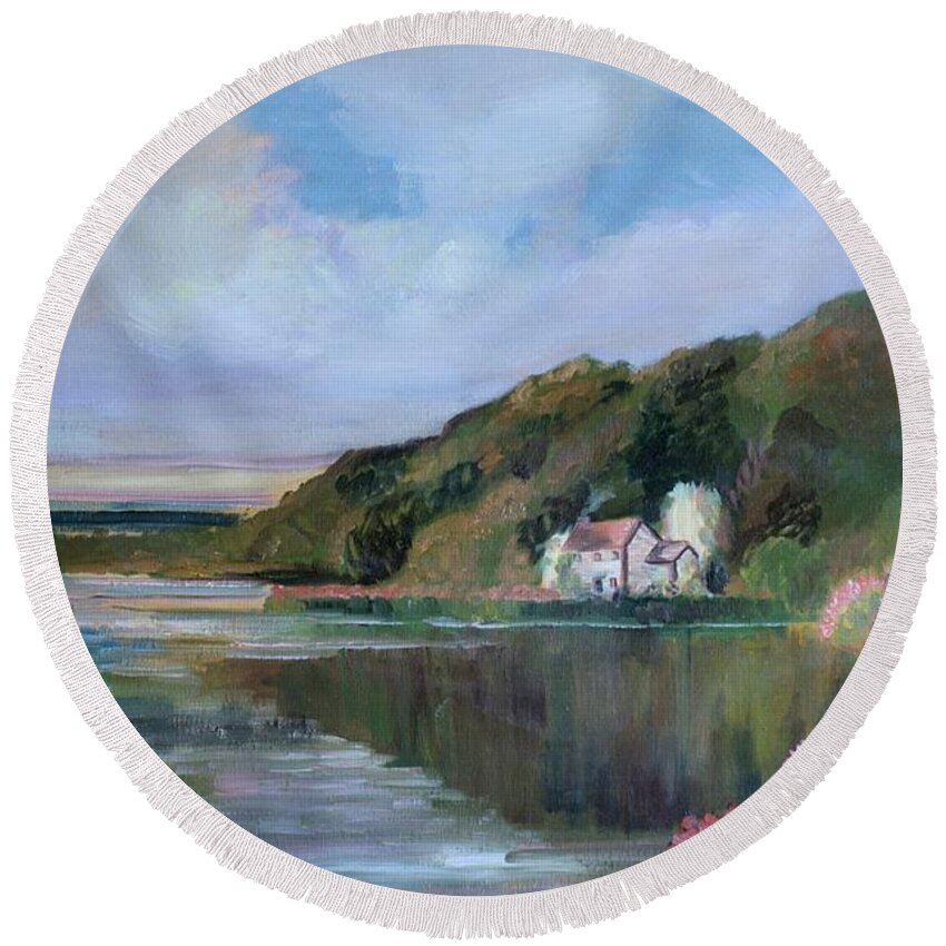 Thames River Round Beach Towel featuring the painting Thames River England by Mary Krupa by Bernadette Krupa