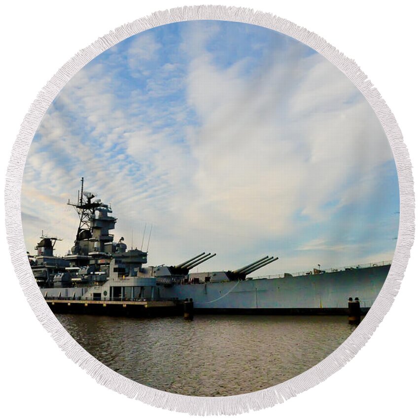 Battleship Round Beach Towel featuring the photograph The Battleship New Jersey at the Port of Camden by Bill Cannon