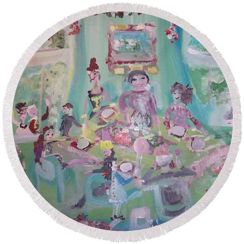 Dinner Round Beach Towel featuring the painting The Christmas Dinner by Judith Desrosiers