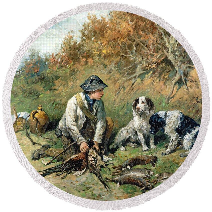 Pheasant; Rabbit; Hare; Gamekeeper; Bird; Shoot; Dog; Dogs; Game Keeper Round Beach Towel featuring the painting The Day's Bag by John Emms
