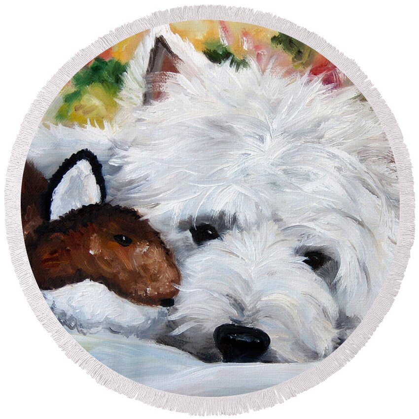 Art Round Beach Towel featuring the painting The Fox and The Hound by Mary Sparrow