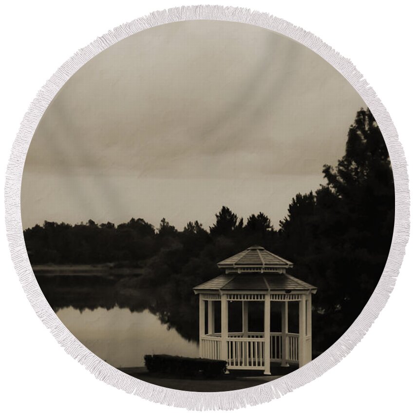 Lake Round Beach Towel featuring the photograph The Gazebo at the Lake by DigiArt Diaries by Vicky B Fuller