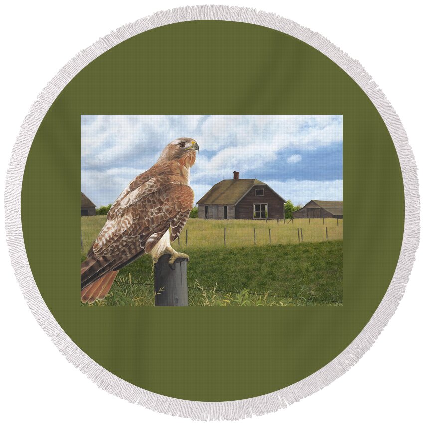 Red Tailed Hawk Over Looking Old Homestead Round Beach Towel featuring the painting The Grounds Keeper by Tammy Taylor