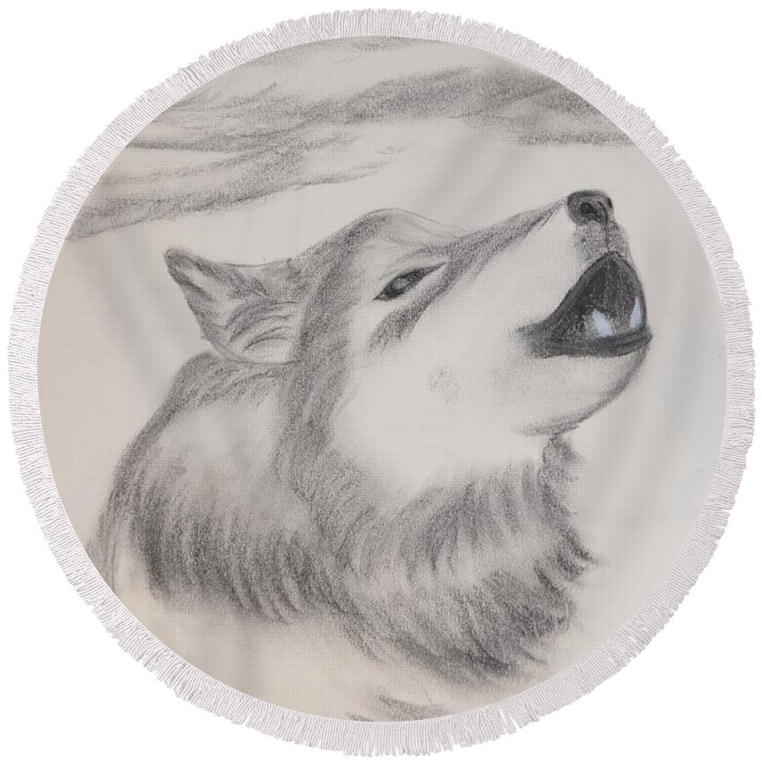 Wolf Round Beach Towel featuring the drawing The Howler by Maria Urso