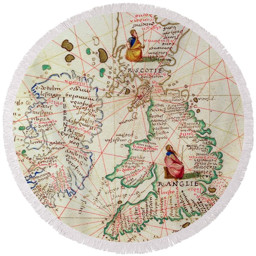 Maps Round Beach Towel featuring the drawing The Kingdoms of England and Scotland by Battista Agnese