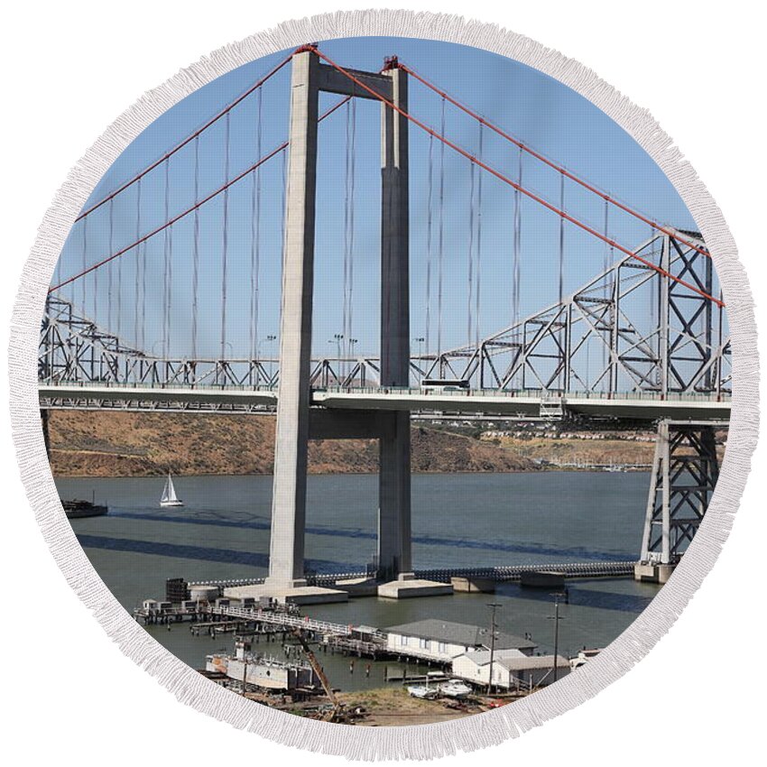 Transportation Round Beach Towel featuring the photograph The New Alfred Zampa Memorial Bridge and The Old Carquinez Bridge . 5D16797 by Wingsdomain Art and Photography