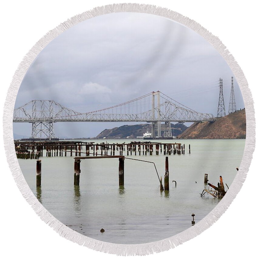 Transportation Round Beach Towel featuring the photograph The New Alfred Zampa Memorial Bridge and The Old Carquinez Bridge . 7D8875 by Wingsdomain Art and Photography
