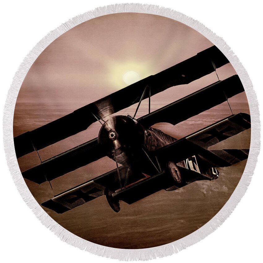 Fokker Round Beach Towel featuring the photograph The Red Baron's Fokker at Sunset by Chris Lord
