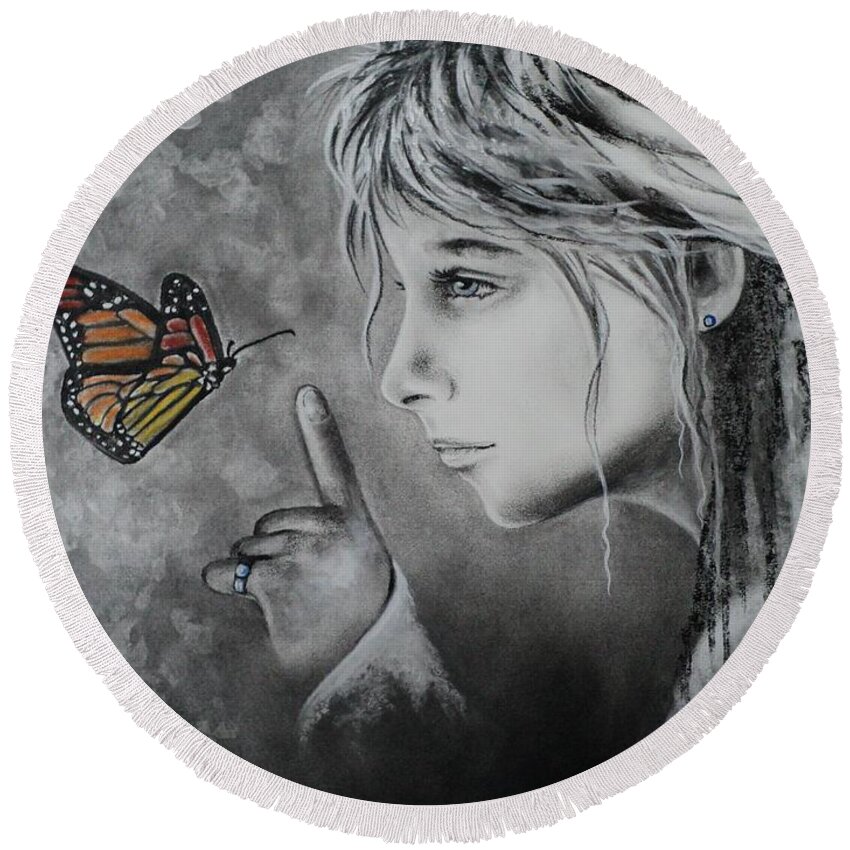 Butterfly Round Beach Towel featuring the drawing The Story of Me by Carla Carson